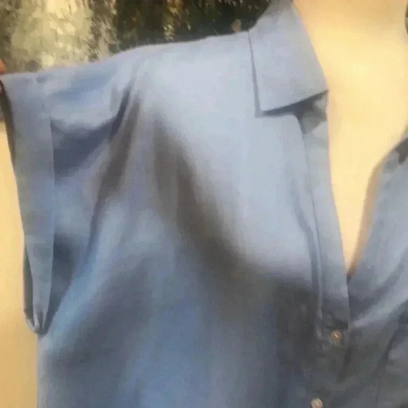 RACHEL ZOE Blue V Neck Collar Button Down 100% Linen Hi-Low Oversized Top - Picture 9 of 13